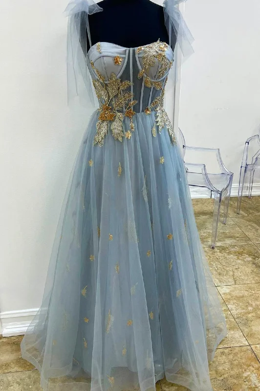 Don't Wait Dusty Blue Tulle Long Prom Dress