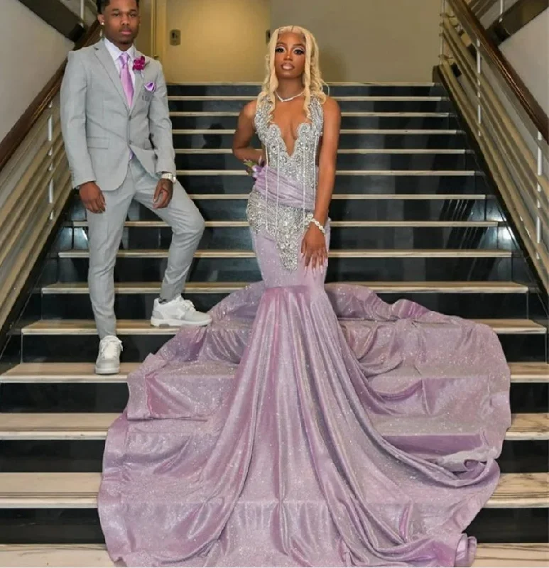 Sexy Light Purple Mermaid Prom Dress For Black Girl Glitter Crystals Beaded Rhinestones Robes De Soirée Evening Party Gowns