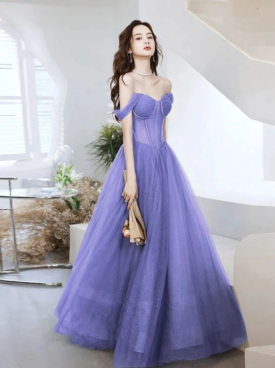 Savings Event form-fitting dressPurple Sweetheart Neck Tulle Long Prom Dress, Purple Formal Evening Graduation Dress Y5873