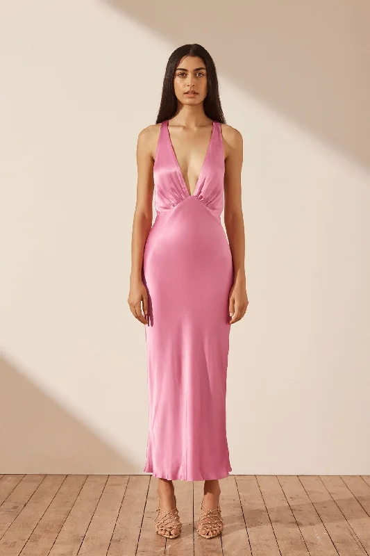 Early Access ruched dressSHONA JOY ARIENZO PLUNGED CROSS BACK MIDI DRESS - IBIS ROSE