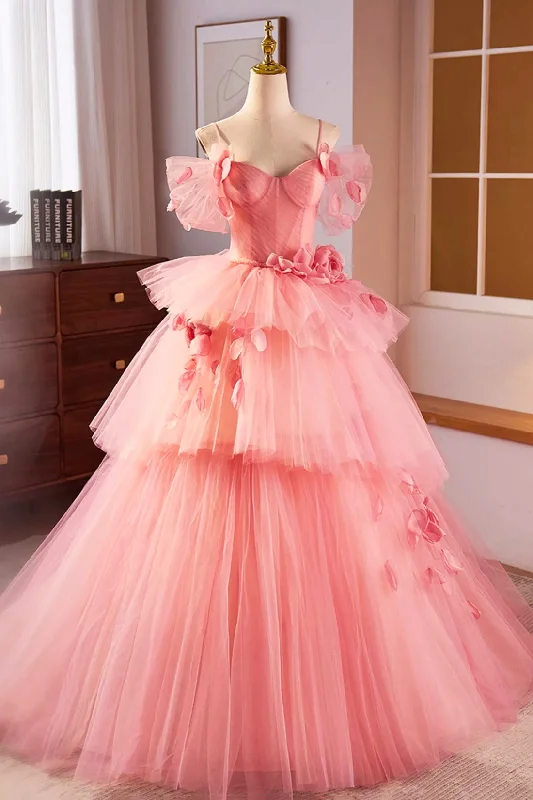 Price Meltdown Pink Spaghetti Strap Tulle Floor Length Formal Evening Dress