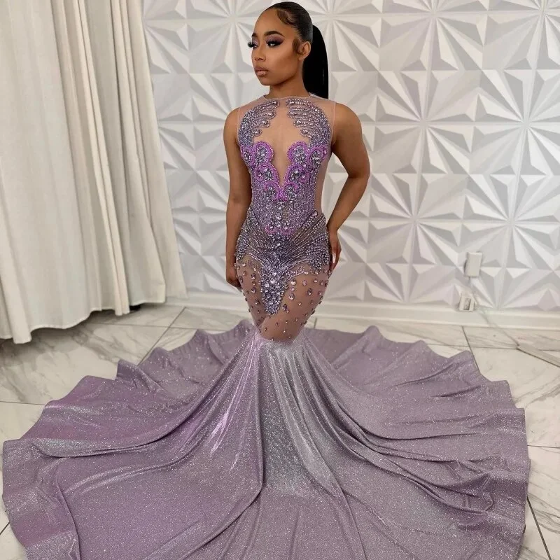 Luxury Diamond Prom Dresses 2024 Sheer Neck Rhinestone Sequin Party Gowns Black Girls Mermaid Evening Dress Vestidos De Festa