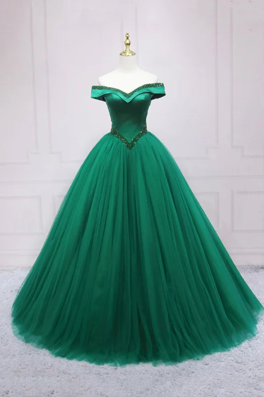 Warehouse Sale Green Tulle Beaded Long Ball Gown Formal Dress, Off the Shoulder Evening Dress Warehouse Sale Green Tulle Beaded Long Ball Gown Formal Dress, Off the Shoulder Evening Dress