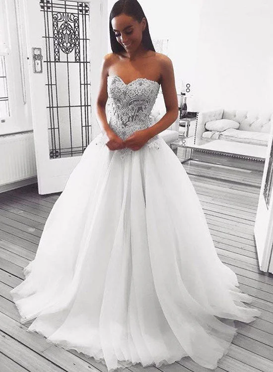 Deal Dash White Sweetheart Neck Lace Floor Length Prom Dress, Beautiful A-Line Evening Party Dress