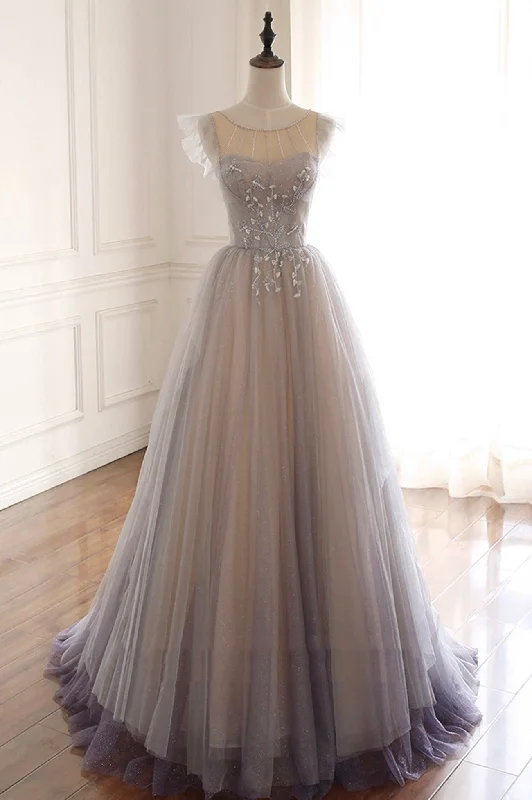 Limited Availability Gray Scoop Neckline Tulle Floor Length Prom Dress, Beautiful A-Line Evening Party Dress Limited Availability Gray Scoop Neckline Tulle Floor Length Prom Dress, Beautiful A-Line Evening Party Dress