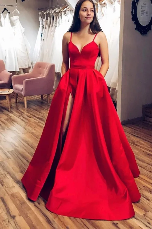Deal Frenzy Red Satin Long Prom Dress, Simple Spaghetti Strap Evening Dress with Slit