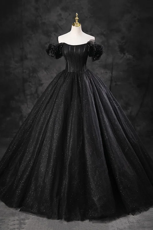 Online Only Black Shiny Tulle Floor Length A-Line Prom Dress, Off the Shoulder Evening Party Dress Online Only Black Shiny Tulle Floor Length A-Line Prom Dress, Off the Shoulder Evening Party Dress
