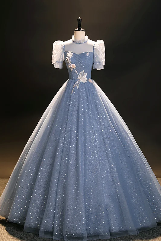 Online Specials Elegant Blue Tulle Floor Length Prom Dress, A-Line Short Sleeve Formal Dress Online Specials Elegant Blue Tulle Floor Length Prom Dress, A-Line Short Sleeve Formal Dress