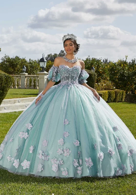 Mint Quinceanera Dress 2024 Ball Gown Flowers Puff Sleeve Corset Beading Appliques Princess Vestidos De 15 Años