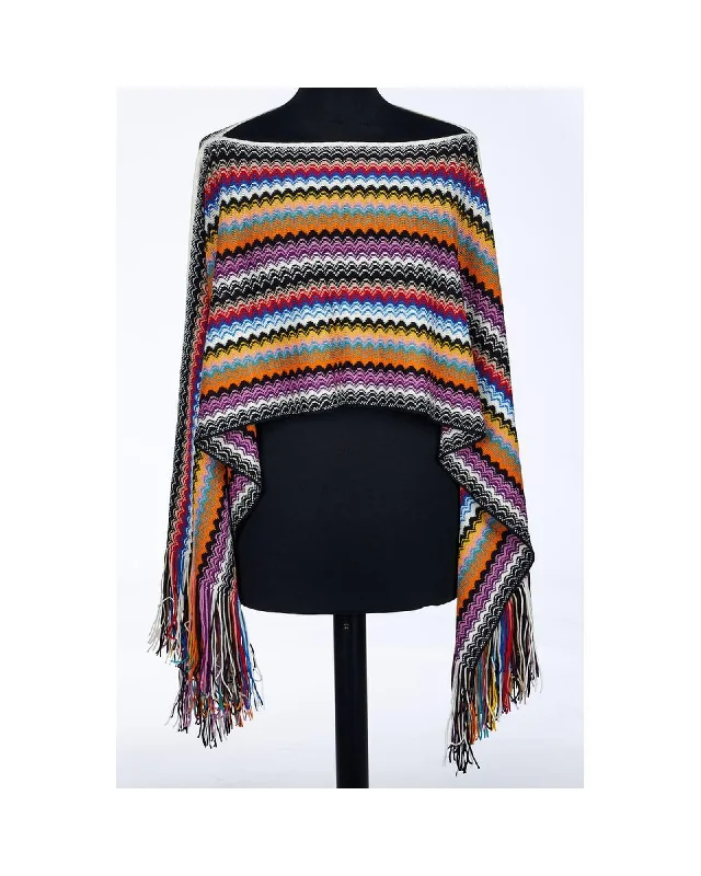 Price Reduction comfortable coatMissoni  Multicolor Striped Wool Poncho with Fringe