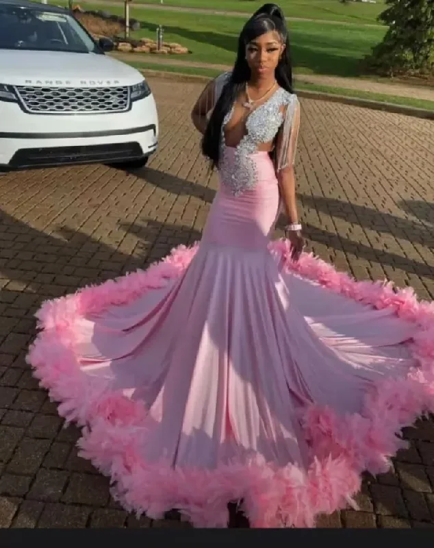 Pink African American Prom Dresses Mermaid Sheer Sheer Crystals Feather Black Girls Nigeria Robe De Soiree Evening Dress Gown