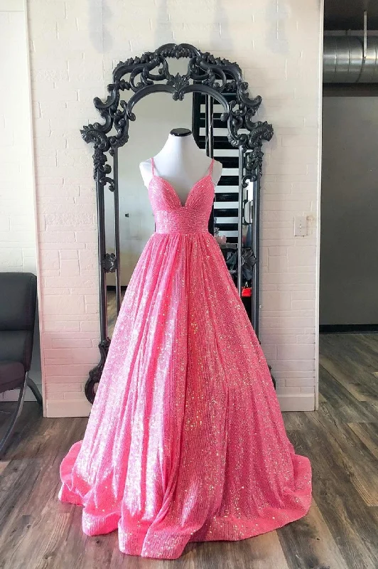 Price Drop Hot Pink Spaghetti Strap Sequins Long Prom Dress, Beautiful V-Neck Evening Dress Price Drop Hot Pink Spaghetti Strap Sequins Long Prom Dress, Beautiful V-Neck Evening Dress