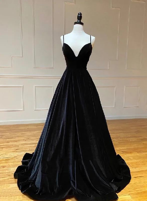 Price Reduction Black V-Neck Velvet Long Prom Dress, Black Spaghetti Strap Evening Party Dress
