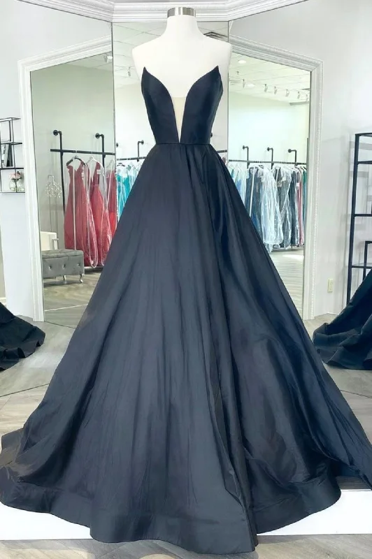 Sale Event Black Strapless Satin Floor Length A-Line Prom Dress