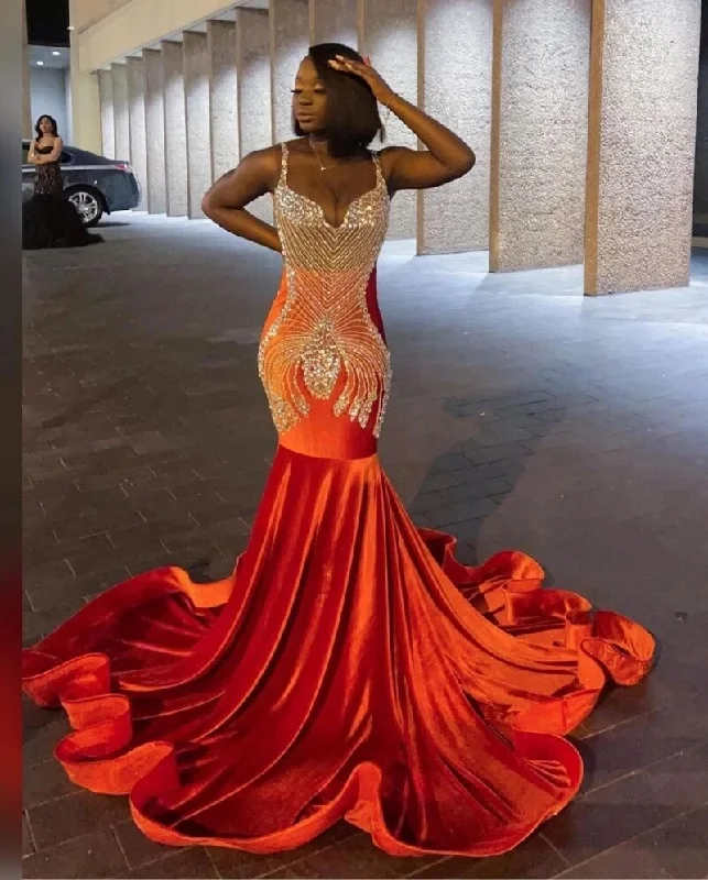 Sparkly Beaded Mermaid Prom Dresses For Black Girls Orange Velvet Plus Size Formal Birthday Party Evening Occasion Gowns Ve