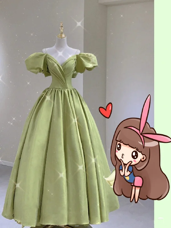 Super Sale relaxed fit dressGreen Satin Long Prom Dress With Puff Sleeves,Green Evening Dress ,Y2458