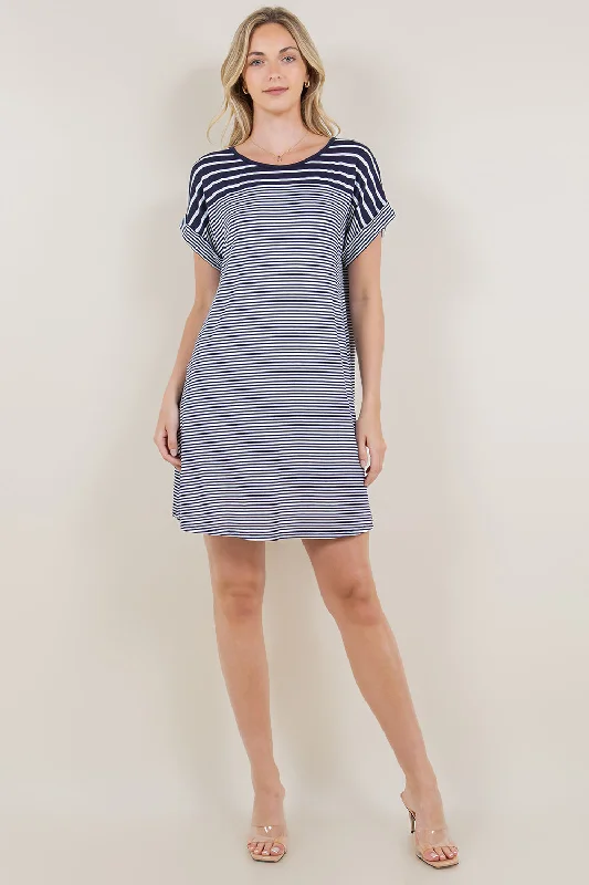 Sale Event trendy bodycon dressSS DOLMAN ROLL CUFF STRIPE BLOCK DRESS - D3405