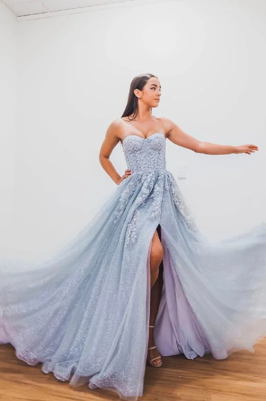 Instant Discount Blue Strapless Tulle Lace Long Prom Dress, A-Line Beautiful Evening Dress
