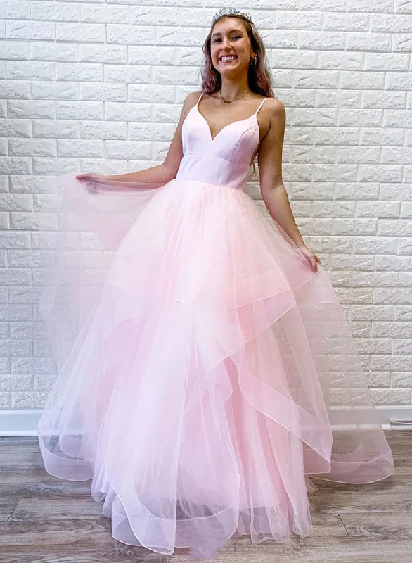 Epic Deals Cute V-Neck Tulle Floor Length Prom Dress, Beautiful Spaghetti Strap Evening Party Dress