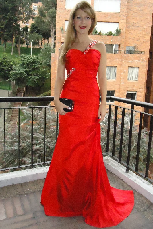 Act Fast Sheath Sweetheart One-shoulder Floor Length Chiffon Rhinestone Evening Dress