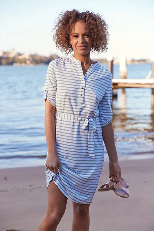Big Discounts party dressTab Sleeve Dress- Seafoam Stripe