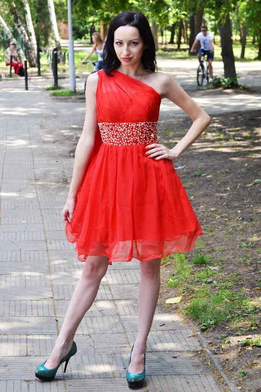 Today's Special A-line One-shoulder Sweetheart Knee Length Tulle Rhinestone Homecoming Dress