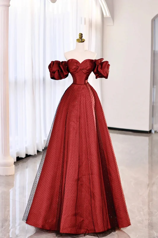 Major Savings Burgundy Satin Tulle Long Prom Dress, Off the Shoulder Evening Dress