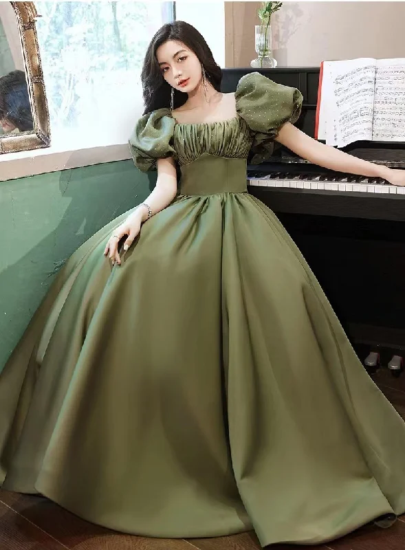 Overstock playful dressGreen Evening Dress,Temperament,Long Bubble Sleeve Princess Dress Y4315