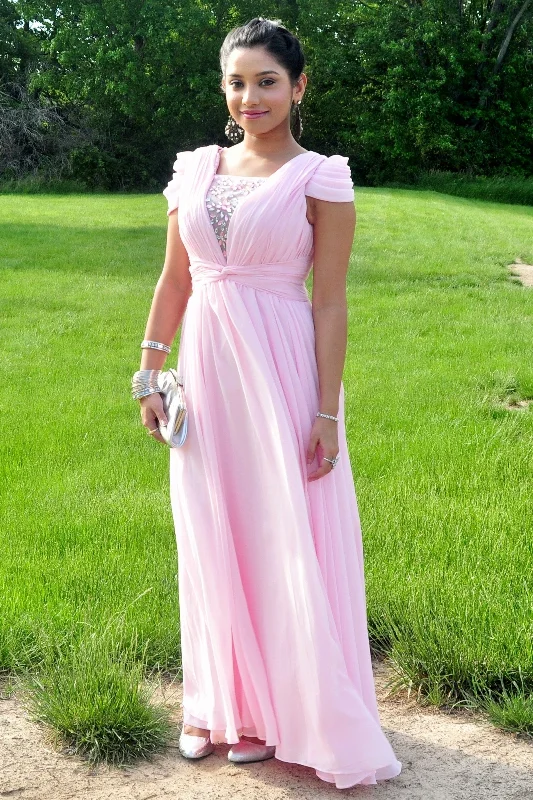 Value Deals A-line Short sleeve Floor Length Chiffon Lace Evening Dress