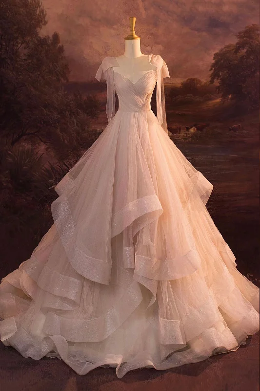 Final Sale Champagne V-Neck Tulle Long Formal Dress, Beautiful A-Line Backless Princess Dress