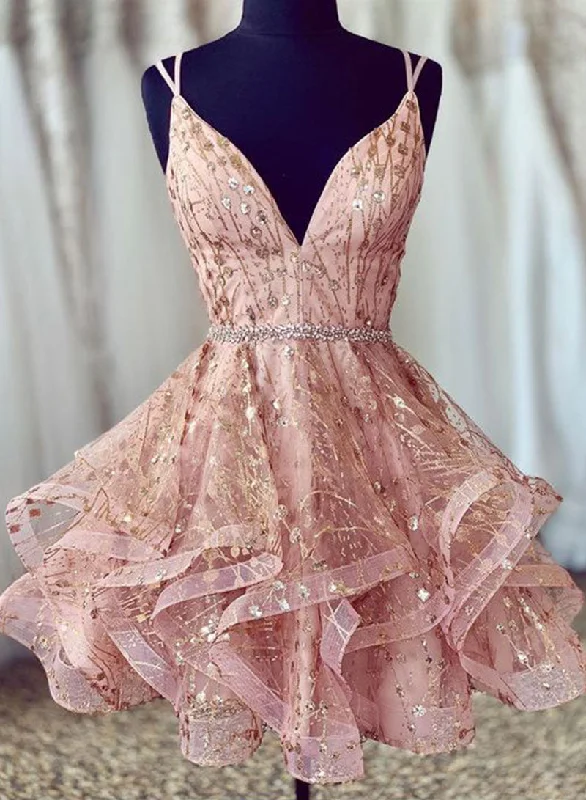 Don't Miss Cute V-Neck Spaghetti Strap Short Prom Dress, A-Line Pink Evening Party Dress
