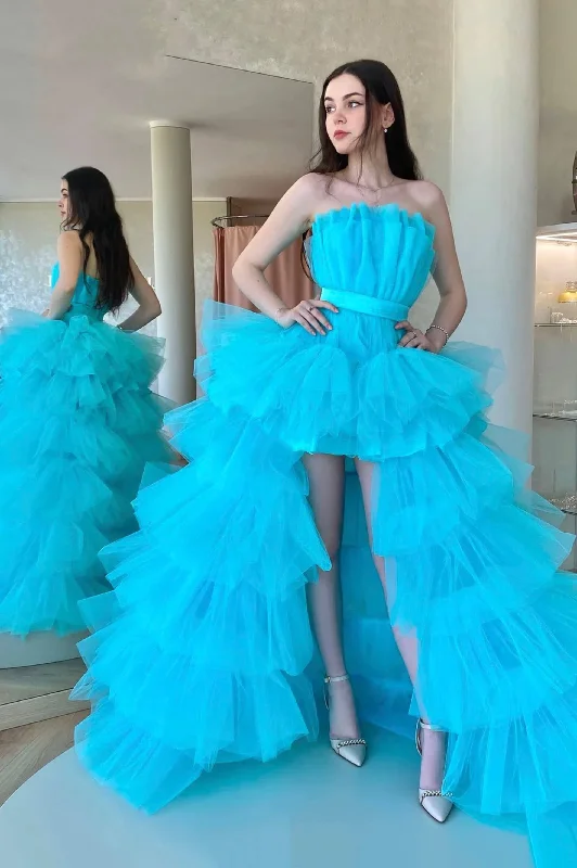 Year-End Sale Blue Strapless Tulle High Low Prom Dress