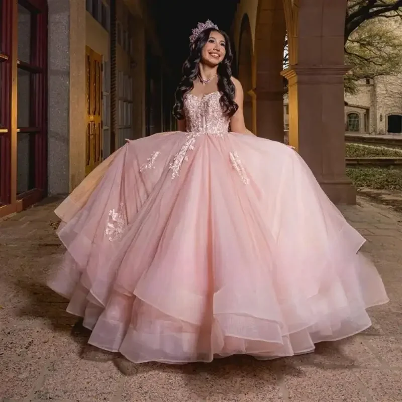 Pink Princess Quinceanera Dresses Off Shoulder Lace Appliques Tull Ball Gown Sweet 16 17 Birthday vestidos de 15 quinceañera