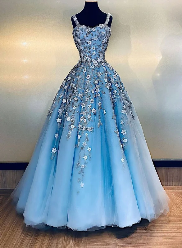 Grand Opening Sale Blue Tulle Appliques Floor Length Prom Dress