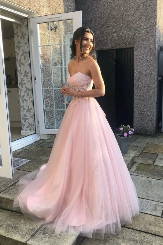 Year-End Sale Pink Strapless Tulle Lace Long Prom Dress