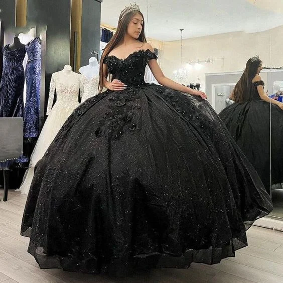 Exclusive Deal statement dressPrincess Glitter Black Beaded Quinceanera Dresses Sweet 15 16 Party Ball Gowns Y5745
