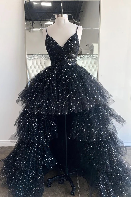 Friends and Family Sale Black V-Neck Tulle Long Prom Dress, A-Line Backless High Low Evening Dress
