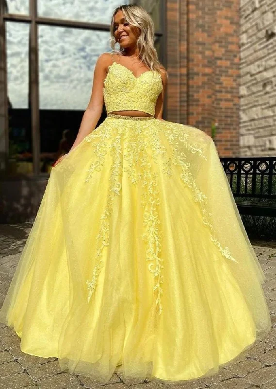 The Best Prices Yellow Tulle Appliques A-Line Long Two Piece Prom Dress JKZ8613