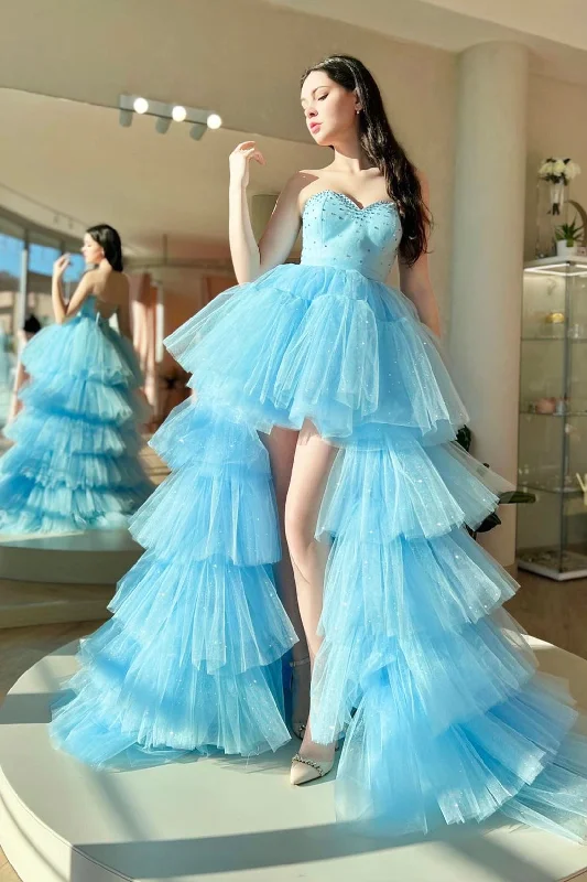 Best Bargains Blue Tulle Beading High Low Prom Dress, A-Line Sweetheart Evening Party Dress