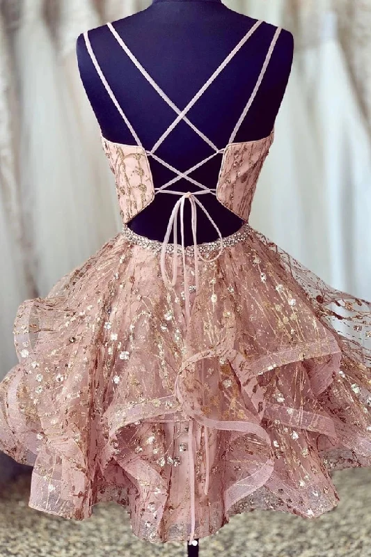 Price Reduction Cute Sequins Pink Homecoming Dresses V-neck Beaded Short Prom Dresses Price Reduction Cute Sequins Pink Homecoming Dresses V-neck Beaded Short Prom Dresses
