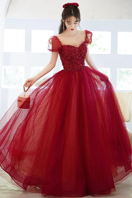 Hot Deal Burgundy Tulle Beaded Long Prom Dress, Beautiful A-Line Party Dress