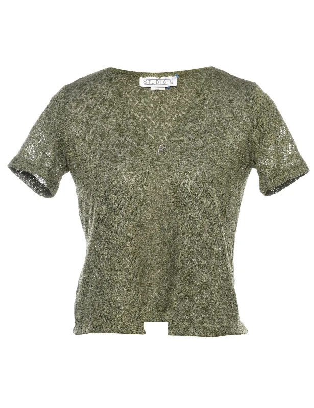 Flash Deals trendy bomber coatOlive Green Knit Short-Sleeve Top - S
