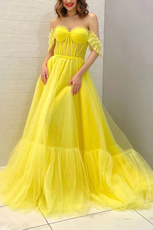 Don't Wait Yellow Tulle Floor Length Prom Dress with Corset