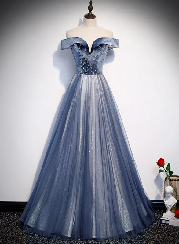 Bargain Blast Blue Velvet Tulle Long Prom Dress, Off the Shoulder Evening Party Dress