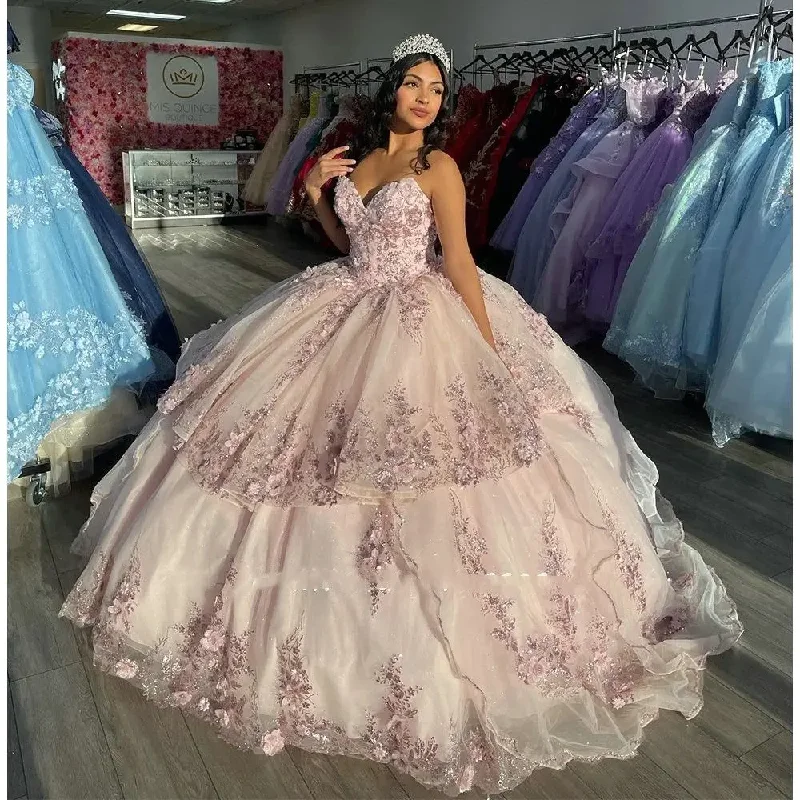 Pink Ball Gown Quinceanera Dress Floral Applique 3D Flower Off the Shoulder Beading Sweet 16