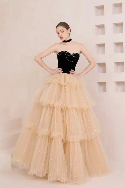 Best Deals Black and Champagne Tulle Tiered Long Prom Dress, A-Line Sweetheart Formal Evening Dress