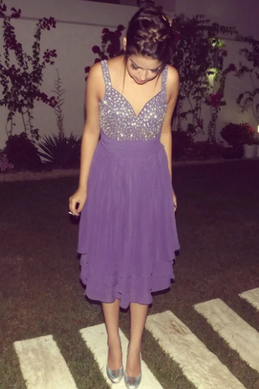 Daily Deals A-line V-neck Wide Strap Tea Length Tulle Rhinestone Homecoming Dress