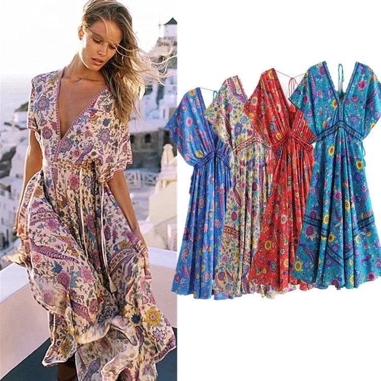 Markdowns casual dressSummer vacation beach skirt dress positioning print V-neck lace dress Markdowns casual dressSummer vacation beach skirt dress positioning print V-neck lace dress