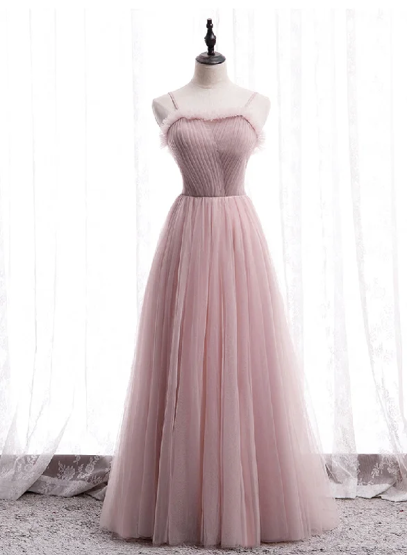 Bonus Savings Pink Tulle Long Prom Dress, A-Line Spaghetti Strap Evening Dress