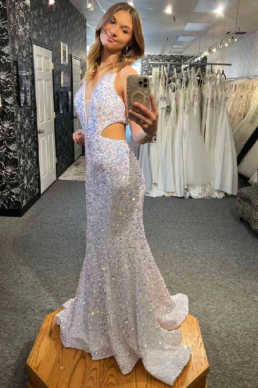 SEXY MERMAID SEQUIN WHITE CUT OUT PROM DRESS